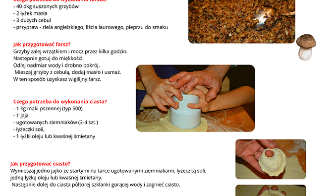 Zdjęcie przedstawia kartę pracy - przepis na wigilijne uszka z grzybami/ Projekt CANVA Karolina Prange.
