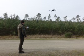 Mężczyzna w mundurze straży leśnej stoi na leśnej drodze. W dłoniach trzyma ster do drona, który unosi się nad nim.