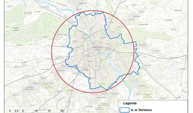 Mapa porównująca obszar klęski z obszarem Warszawy