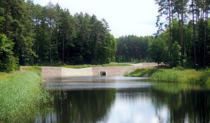Na zdjęciu jest widoczny śródleśny staw, brzegi zbiornika są porośnięte trawą i obudowane kamieniem/ Fot. Paweł Kosin