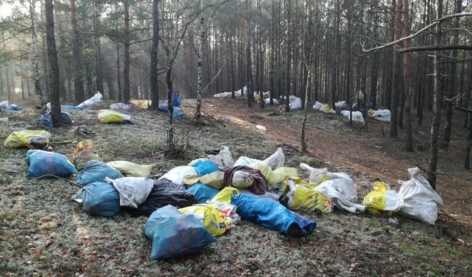 Na zdjęciu widać worki z odpadami, ktoś je wywiózł do lasu. Worki leżą wzdłuż leśnej ścieżki/ Fot. Odyseusz Wąsiak