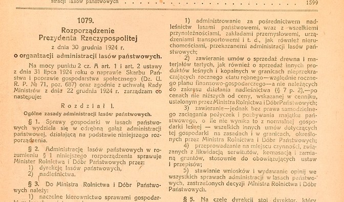 Dziennik Ustaw RP nr 119 z 1924 r. z rozporządzeniem Prezydenta RP z 30 grudnia 1924 r. o organizacji aministracji lasów państwowych