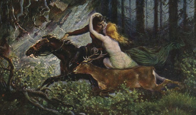 „Leśna kobieta” Adolfa Liebschera (1857–1919) na pocztówce wydanej przez Salon Prague