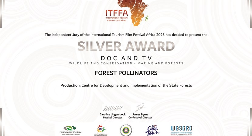 Obraz przedstawia tekst po angielsku informujący o przyznaniu nagrody filmowi "Leśni zapylacze"