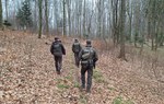 patrol Straży Leśnej w terenie. Trzech mężczyzn w służbowych mundurach, w kurtkach z napisem "Straż Leśna" idzie przez las