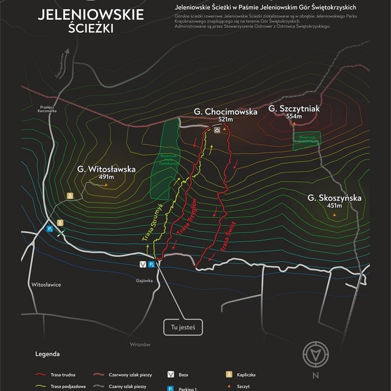 Mapa ścieżek rowerowych Jeleniowskie Ścieżki w Paśmie Jeleniowskim Gór Świętokrzyskich